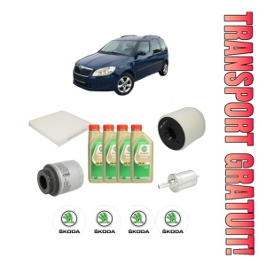 Set Pachet filtre revizie Bosch, 4 litrii ulei Castrol 5W30 SKODA ROOMSTER (5J7) 1.2 TSI din 2010-2015, 4x Stickere auto cu SKODA