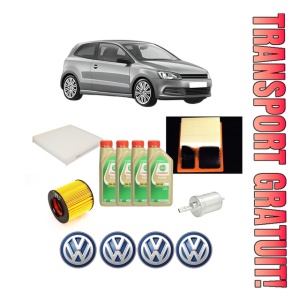 Set Pachet filtre revizie Bosch, 4 litrii ulei Castrol 5W30 Volkswagen POLO V (6R1, 6C1) 1.4 (6R1) din 2009-2014, 4x Stickere auto cu Volkswagen