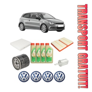 Set Pachet filtre revizie Bosch, 4 litrii ulei Castrol 5W30 Volkswagen POLO V (6R1, 6C1) 1.0 TSI din 2014-2017, 4x Stickere auto cu Volkswagen