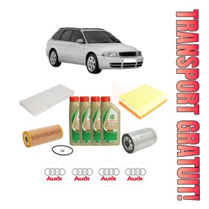 Set Pachet filtre revizie Bosch, 4 litrii ulei Castrol 5W40 AUDI A4 B5 Avant (8D5) 1.9 TDI quattro din 2000-2001, 4x Stickere auto cu AUDI