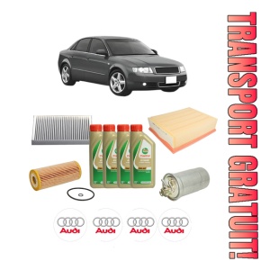 Set Pachet filtre revizie Bosch, 4 litrii ulei Castrol 5W40 AUDI A4 B6 (8E2) 1.9 TDI quattro din 2001-2004, 4x Stickere auto cu AUDI