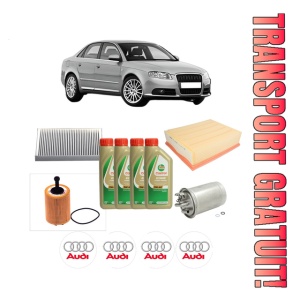 Set Pachet filtre revizie Bosch, 4 litrii ulei Castrol 5W40 AUDI A4 B7 (8EC) 2.0 TDI din 2004-2008, 4x Stickere auto cu AUDI