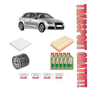 Set Pachet filtre revizie Bosch, 5 litrii ulei Castrol 0W20 AUDI A3 Sportback (8VA, 8VF) 35 TFSI din 2018-2020, 4x Stickere auto cu AUDI