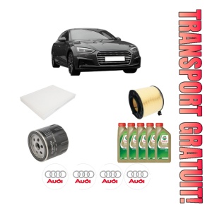 Set Pachet filtre revizie Bosch, 5 litrii ulei Castrol 0W20 AUDI A5 (F53, F5P) 1.4 TFSI din 2016-2020, 4x Stickere auto cu AUDI