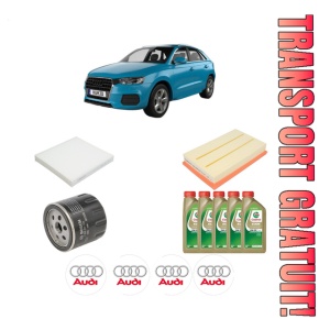 Set Pachet filtre revizie Bosch, 5 litrii ulei Castrol 0W20 AUDI Q3 (F3B) 35 TFSI Mild Hybrid din 2019, 4x Stickere auto cu AUDI