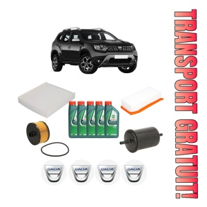 Set Pachet filtre revizie Bosch, 5 litrii ulei Castrol 10W40 DACIA DUSTER (HM_) 1.2 TCe 125 4x4 (HMMA) din 2017, 4x Stickere auto cu DACIA