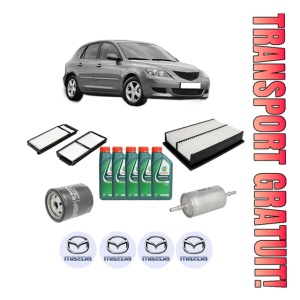 Set Pachet filtre revizie Bosch, 5 litrii ulei Castrol 10W40 MAZDA 3 (BK) 2.0 (BKEP) din 2003-2009, 4x Stickere auto cu MAZDA