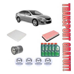 Set Pachet filtre revizie Bosch, 5 litrii ulei Castrol 10W40 MAZDA 6 Saloon (GH) 2.0 MZR (GHEFP) din 2010-2012, 4x Stickere auto cu MAZDA