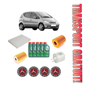 Set Pachet filtre revizie Bosch, 5 litrii ulei Castrol 10W40 MERCEDES-BENZ A-CLASS (W168) A 140 (168.031, 168.131) din 2001-2004, 4x Stickere auto cu MERCEDES-BENZ