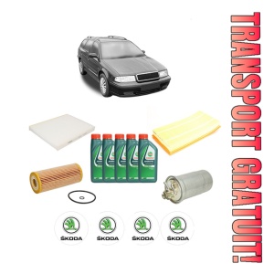 Set Pachet filtre revizie Bosch, 5 litrii ulei Castrol 10W40 SKODA Octavia I Estate Van (1U5) 1.9 TDI din 2000-2010, 4x Stickere auto cu SKODA