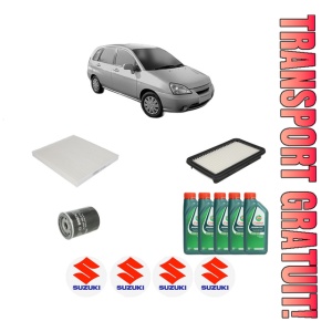 Set Pachet filtre revizie Bosch, 5 litrii ulei Castrol 10W40 SUZUKI LIANA Hatchback 1.6 din 2005-2007, 4x Stickere auto cu SUZUKI