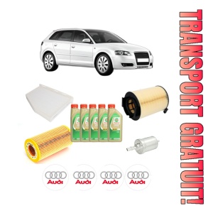 Set Pachet filtre revizie Bosch, 5 litrii ulei Castrol 5W30 AUDI A3 Sportback (8PA) 2.0 FSI din 2004-2008, 4x Stickere auto cu AUDI