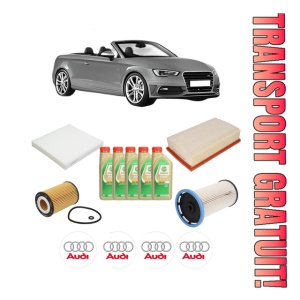 Set Pachet filtre revizie Bosch, 5 litrii ulei Castrol 5W30 AUDI A3 Convertible (8V7, 8VE) 2.0 TDI din 2013-2020, 4x Stickere auto cu AUDI