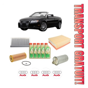 Set Pachet filtre revizie Bosch, 5 litrii ulei Castrol 5W30 AUDI A4 B7 Convertible (8HE) 2.0 TDI din 2006-2009, 4x Stickere auto cu AUDI
