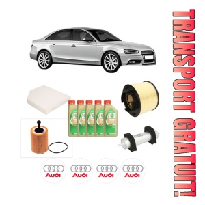 Set Pachet filtre revizie Bosch, 5 litrii ulei Castrol 5W30 AUDI A4 B8 (8K2) 2.0 TDI din 2007-2015, 4x Stickere auto cu AUDI