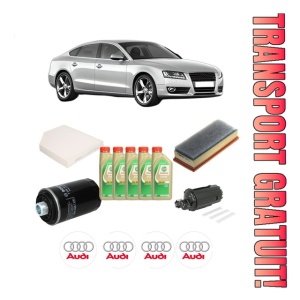 Set Pachet filtre revizie Bosch, 5 litrii ulei Castrol 5W30 AUDI A5 Sportback (8TA) 2.0 TFSI din 2009-2014, 4x Stickere auto cu AUDI