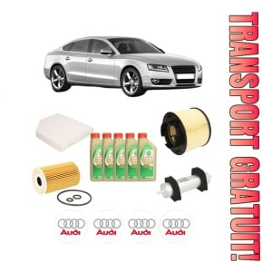 Set Pachet filtre revizie Bosch, 5 litrii ulei Castrol 5W30 AUDI A5 Sportback (8TA) 2.0 TDI din 2013-2017, 4x Stickere auto cu AUDI