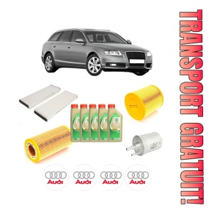 Set Pachet filtre revizie Bosch, 5 litrii ulei Castrol 5W30 AUDI A6 C6 Avant (4F5) 2.0 TFSI din 2005-2011, 4x Stickere auto cu AUDI