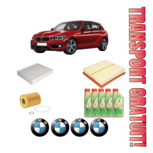 Set Pachet filtre revizie Bosch, 5 litrii ulei Castrol 5W30 BMW Seria 1 (F21) 114 i din 2012-2015, 4x Stickere auto cu BMW
