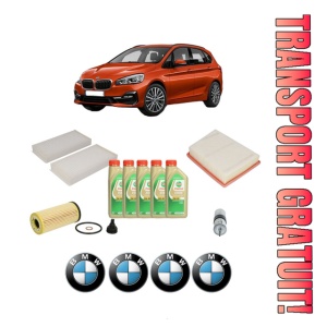 Set Pachet filtre revizie Bosch, 5 litrii ulei Castrol 5W30 BMW Seria 2 Gran Tourer Van (F46) 218 i din 2017, 4x Stickere auto cu BMW