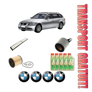 Set Pachet filtre revizie Bosch, 5 litrii ulei Castrol 5W30 BMW Seria 3 Touring (E91) 316 i din 2008-2012, 4x Stickere auto cu BMW