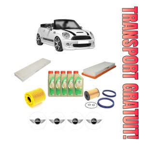 Set Pachet filtre revizie Bosch, 5 litrii ulei Castrol 5W30 MINI MINI Convertible (R57) Cooper S din 2010-2015, 4x Stickere auto cu MINI