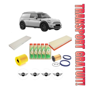 Set Pachet filtre revizie Bosch, 5 litrii ulei Castrol 5W30 MINI MINI CLUBVAN (R55) Cooper din 2012-2014, 4x Stickere auto cu MINI