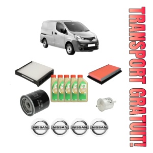 Set Pachet filtre revizie Bosch, 5 litrii ulei Castrol 5W30 NISSAN NV200 Van 1.6 16V (VM20, M20N, M20, M20L, M20M) din 2010, 4x Stickere auto cu NISSAN