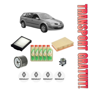 Set Pachet filtre revizie Bosch, 5 litrii ulei Castrol 5W30 RENAULT MEGANE II Estate Van (KM_) 1.5 dCi (KM1F) din 2005-2009, 4x Stickere auto cu RENAULT