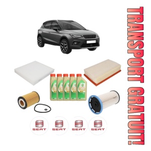 Set Pachet filtre revizie Bosch, 5 litrii ulei Castrol 5W30 SEAT ARONA (KJ7, KJP) 1.6 TDI din 2017, 4x Stickere auto cu SEAT