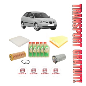 Set Pachet filtre revizie Bosch, 5 litrii ulei Castrol 5W30 SEAT IBIZA III (6L1) 1.9 TDI Cupra R din 2004-2008, 4x Stickere auto cu SEAT