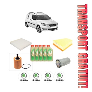 Set Pachet filtre revizie Bosch, 5 litrii ulei Castrol 5W30 SKODA FABIA I Praktik (6Y5) 1.4 TDI din 2004-2005, 4x Stickere auto cu SKODA