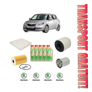 Set Pachet filtre revizie Bosch, 5 litrii ulei Castrol 5W30 SKODA FABIA II (542) 1.6 TDI din 2010-2014, 4x Stickere auto cu SKODA