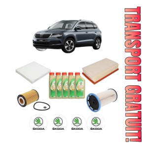 Set Pachet filtre revizie Bosch, 5 litrii ulei Castrol 5W30 SKODA KAROQ (NU7, ND7) 1.6 TDI din 2017, 4x Stickere auto cu SKODA