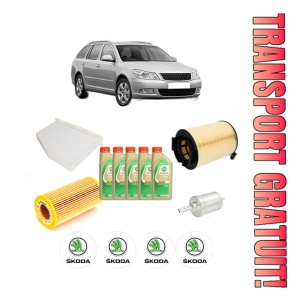 Set Pachet filtre revizie Bosch, 5 litrii ulei Castrol 5W30 SKODA Octavia II Combi (1Z5) 2.0 FSI 4x4 din 2004-2009, 4x Stickere auto cu SKODA