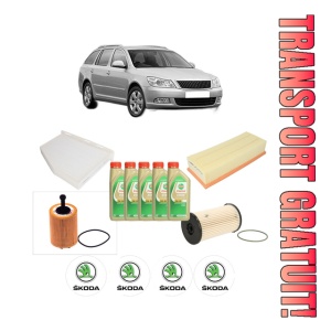 Set Pachet filtre revizie Bosch, 5 litrii ulei Castrol 5W30 SKODA Octavia II Combi (1Z5) 2.0 TDI 16V din 2004-2013, 4x Stickere auto cu SKODA