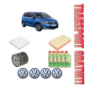 Set Pachet filtre revizie Bosch, 5 litrii ulei Castrol 5W30 Volkswagen TOURAN (5T1) 1.5 TSI din 2018, 4x Stickere auto cu Volkswagen