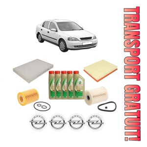 Set Pachet filtre revizie Bosch, 5 litrii ulei Castrol 5W40 OPEL ASTRA G Saloon (T98) 1.7 DTI 16V (F69) din 2000-2005, 4x Stickere auto cu OPEL