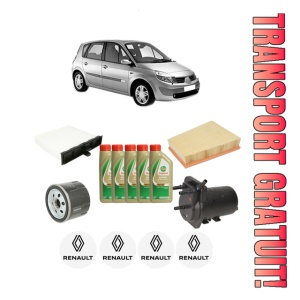 Set Pachet filtre revizie Bosch, 5 litrii ulei Castrol 5W40 RENAULT SCENIC II (JM0/1_) 1.5 dCi (JM16) din 2007-2008, 4x Stickere auto cu RENAULT