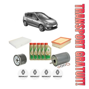 Set Pachet filtre revizie Bosch, 5 litrii ulei Castrol 5W40 RENAULT GRAND SCENIC III (JZ0/1_) 1.5 dCi (JZ0B, JZ07) din 2009-2016, 4x Stickere auto cu RENAULT