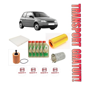 Set Pachet filtre revizie Bosch, 5 litrii ulei Castrol 5W40 SEAT AROSA (6H1) 1.4 TDI din 2000-2004, 4x Stickere auto cu SEAT