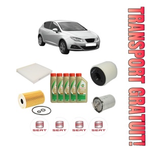 Set Pachet filtre revizie Bosch, 5 litrii ulei Castrol 5W40 SEAT IBIZA IV (6J5, 6P1) 1.6 TDI din 2009-2015, 4x Stickere auto cu SEAT