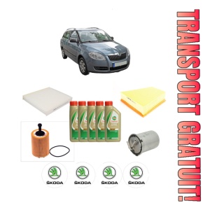 Set Pachet filtre revizie Bosch, 5 litrii ulei Castrol 5W40 SKODA FABIA II Combi (545) 1.4 TDI din 2007-2010, 4x Stickere auto cu SKODA