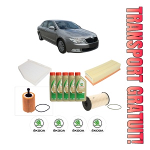 Set Pachet filtre revizie Bosch, 5 litrii ulei Castrol 5W40 SKODA SUPERB II (3T4) 2.0 TDI din 2008-2010, 4x Stickere auto cu SKODA