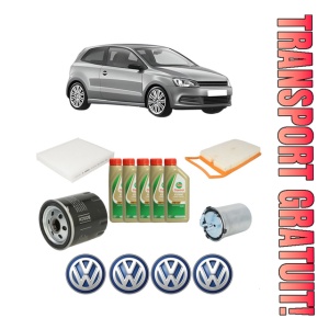 Set Pachet filtre revizie Bosch, 5 litrii ulei Castrol 5W40 Volkswagen POLO V (6R1, 6C1) 1.4 TDI din 2014-2017, 4x Stickere auto cu Volkswagen