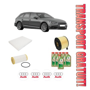 Set Pachet filtre revizie Bosch, 6 litrii ulei Castrol 0W20 AUDI A4 B9 Avant (8W5, 8WD) 40 TFSI g-tron din 2016, 4x Stickere auto cu AUDI