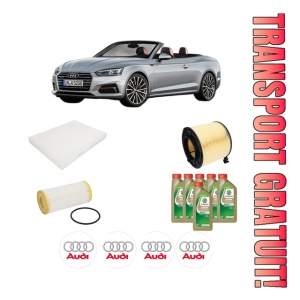Set Pachet filtre revizie Bosch, 6 litrii ulei Castrol 0W20 AUDI A5 Convertible (F57, F5E) 2.0 TFSI Mild Hybrid din 2017-2019, 4x Stickere auto cu AUDI