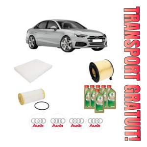 Set Pachet filtre revizie Bosch, 6 litrii ulei Castrol 0W20 AUDI A5 Sportback (F5A, F5F) 45 TFSI Mild Hybrid din 2018-2020, 4x Stickere auto cu AUDI