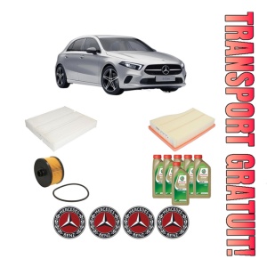 Set Pachet filtre revizie Bosch, 6 litrii ulei Castrol 0W20 MERCEDES-BENZ A-CLASS (W177) A 200 (177.087) din 2018, 4x Stickere auto cu MERCEDES-BENZ