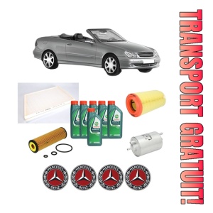 Set Pachet filtre revizie Bosch, 6 litrii ulei Castrol 10W40 MERCEDES-BENZ CLK Convertible (A209) CLK 200 CGI (209.343) din 2003-2010, 4x Stickere auto cu MERCEDES-BENZ